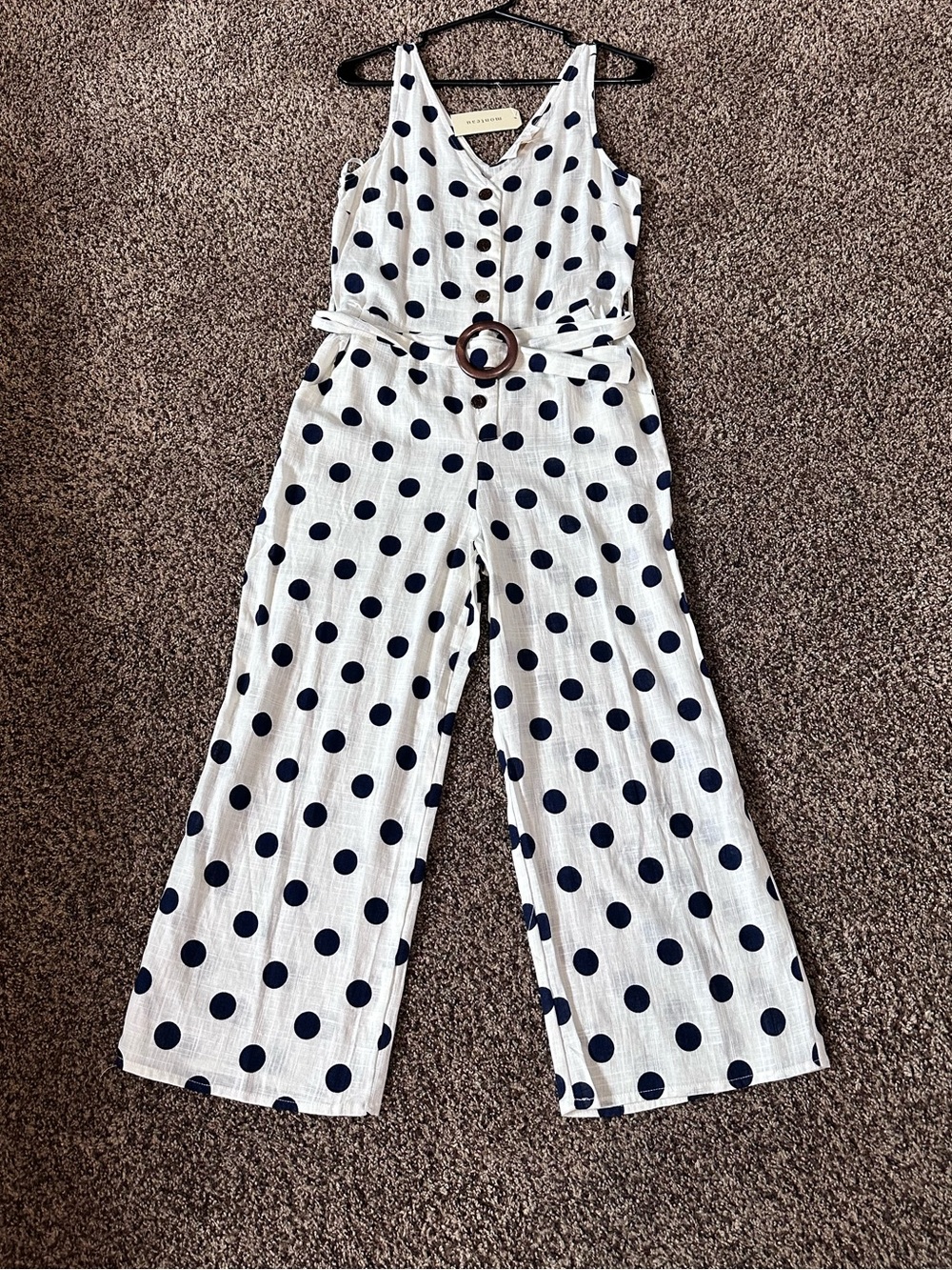 Wide Leg Romper Navy Blue Polka Dot Sleeveless Jrs Size L Linen Beach Vacation